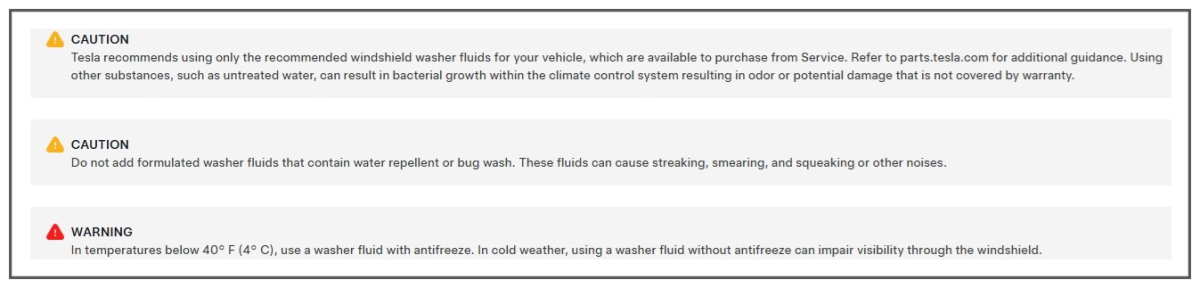 Tesla washer fluid warning from owners manual