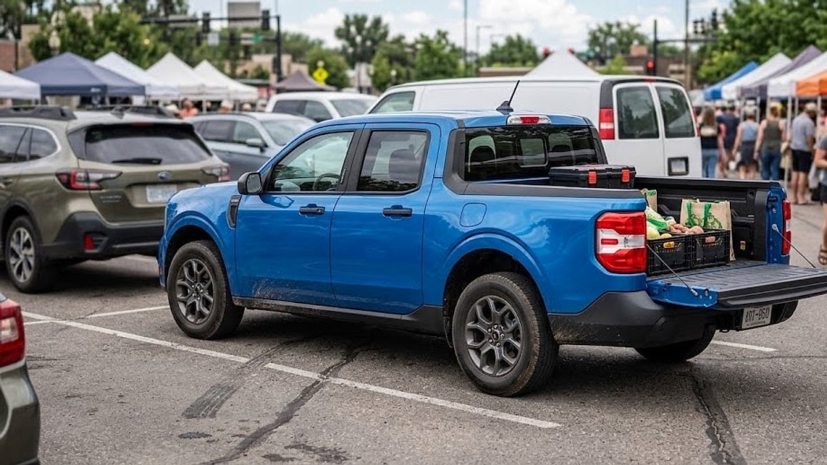 The 2026 Ford Maverick Hybrid at a bustling community market