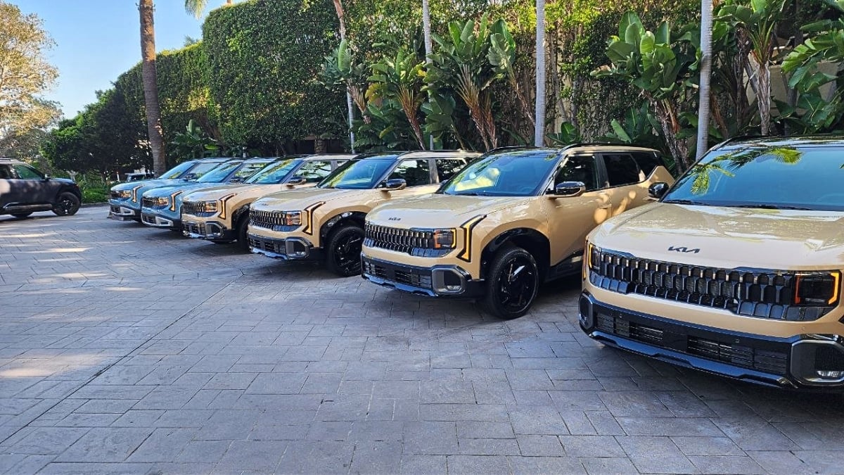 The 2027 Kia Seltos entry trim and top trim vehicles lined up in Newport Beach, CA Kia drive event.
