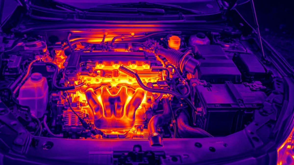 Thermal image of gas engine in car with hood up