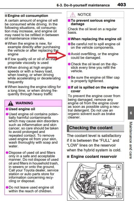 Toyota RAV4 Hybrid owner's manual page on oil levels