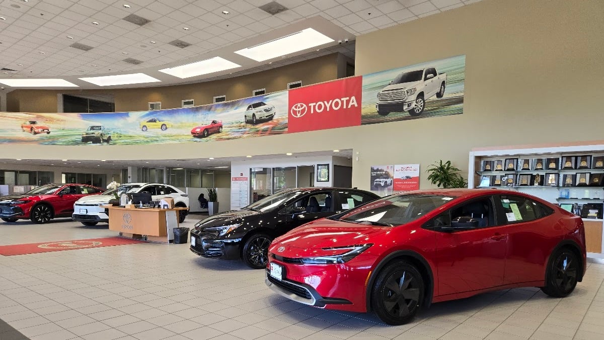 Toyota dealership shows off car models. 