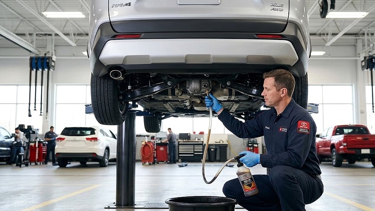 Toyota-certified technician replaces rear differential fluid on a lifted fifth-generation RAV4, preventing high-mileage mechanical shear and premature gear failure
