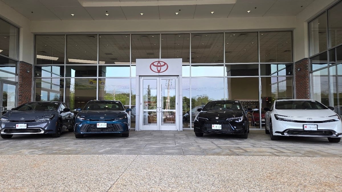 A Toyota dealer highlights cars