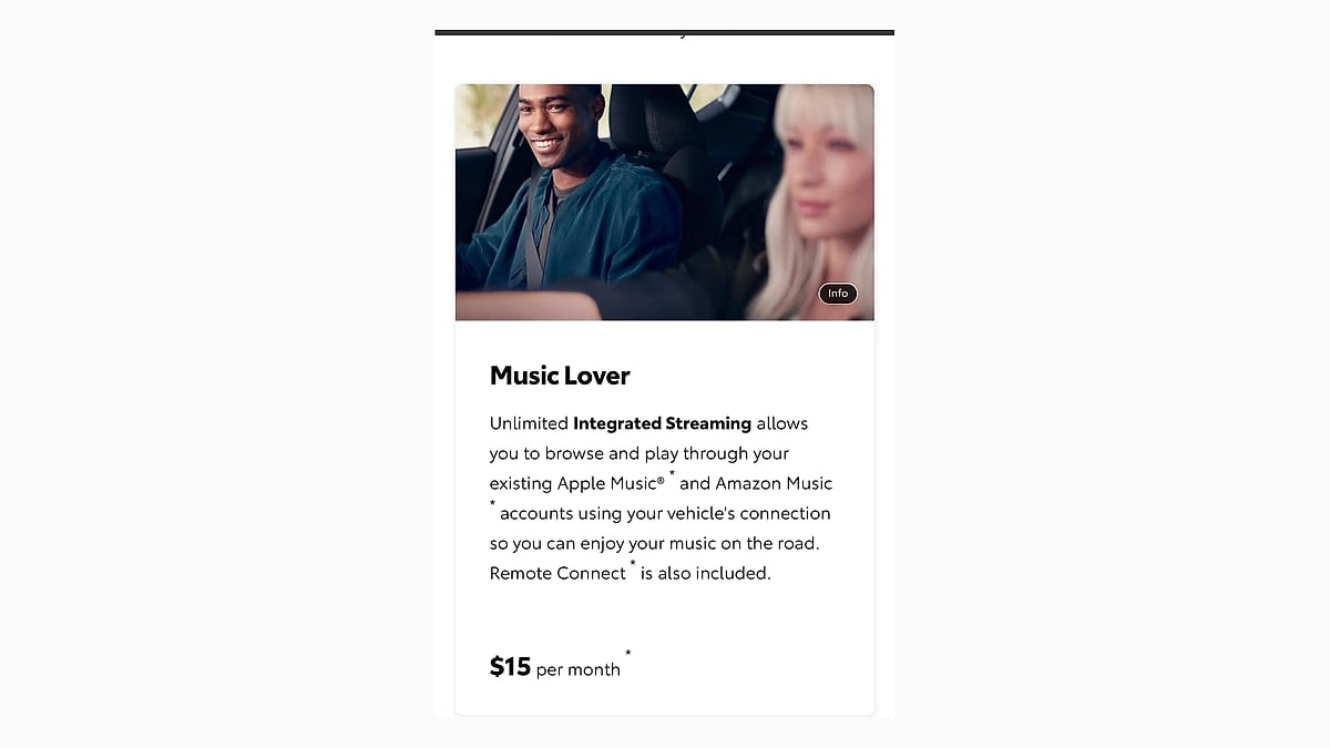 Toyota Music Lover subscription graphic showing integrated streaming and a $15 monthly price.