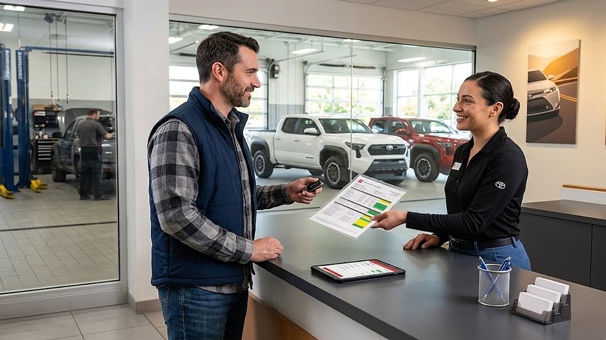 Toyota service advisor hands multi-point inspection report to male customer, discussing 2024 Tacoma truck visible in service bay