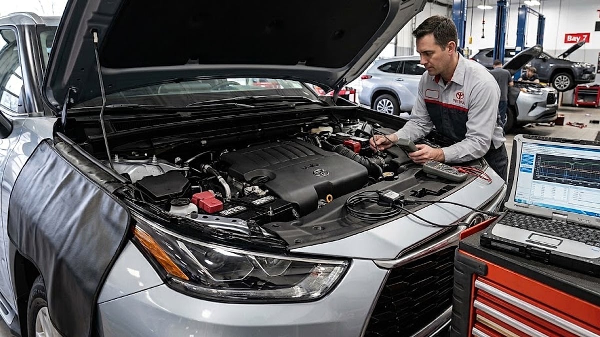 Toyota service technician with a digital multimeter and Panasonic diagnostic laptop works on a new silver Highlander SUV engine