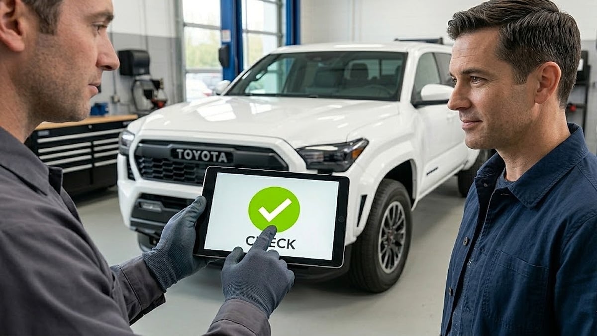 Toyota tech showing a customer a green check for the Toyota Tacoma cabin air