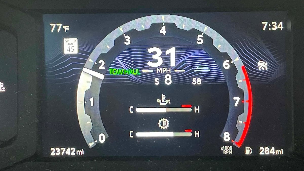 Toyota truck digital gauge cluster showing Tow Haul mode, 31 mph speed, and 23,742 miles.