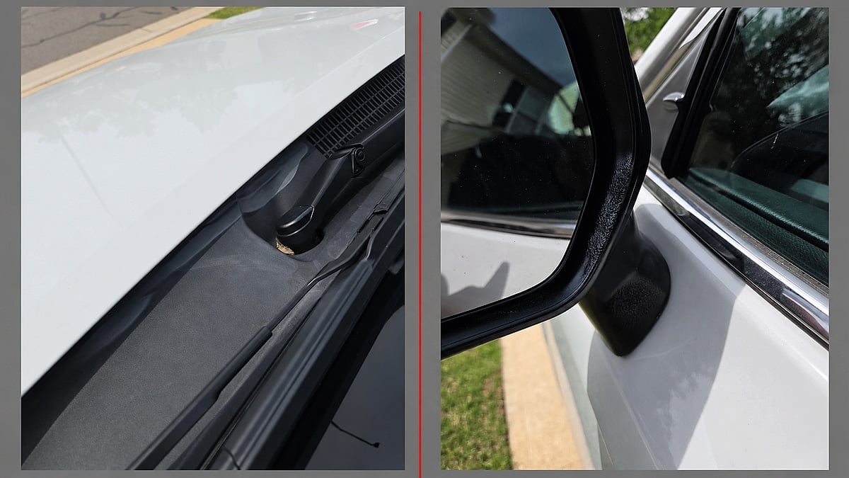 Split image showing close-up views of a vehicle wiper cowl area and side mirror trim melted