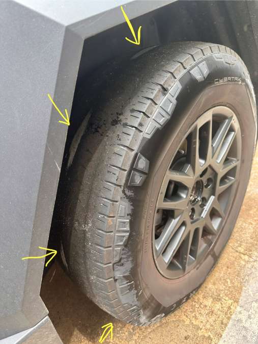 A Tesla Cybertruck shows extreme tire wear at just 17K miles