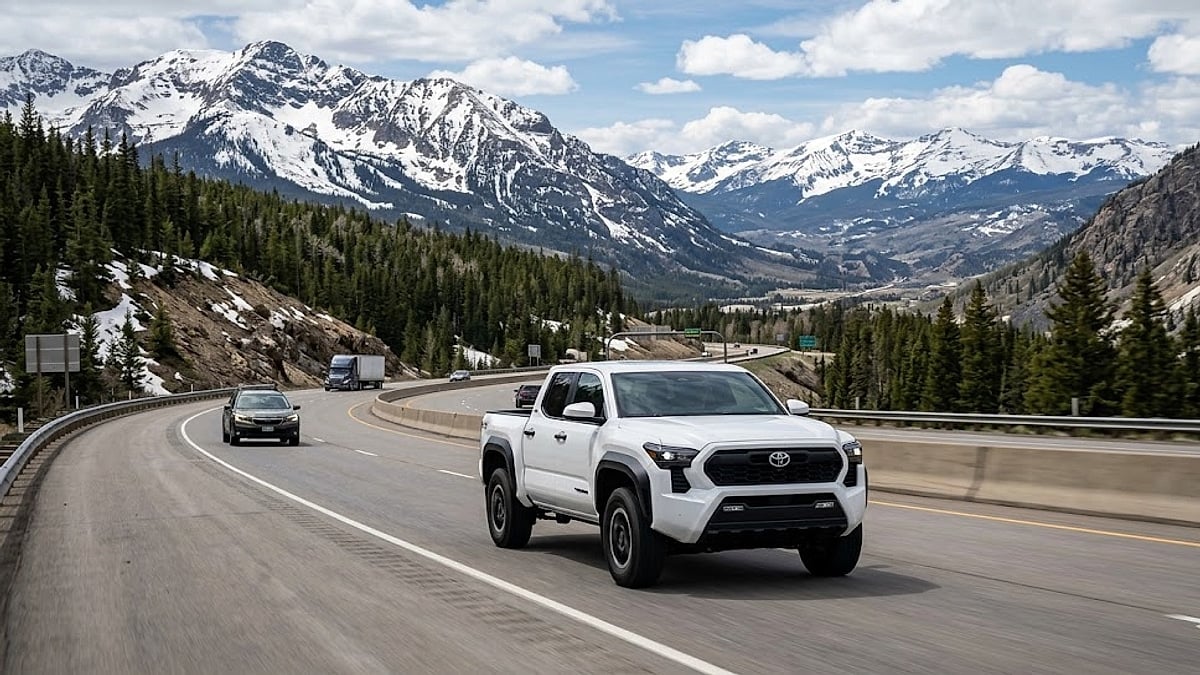 View of a white 2025 Toyota Tacoma TRD driving on a scenic, snow-capped Colorado mountain highway vista