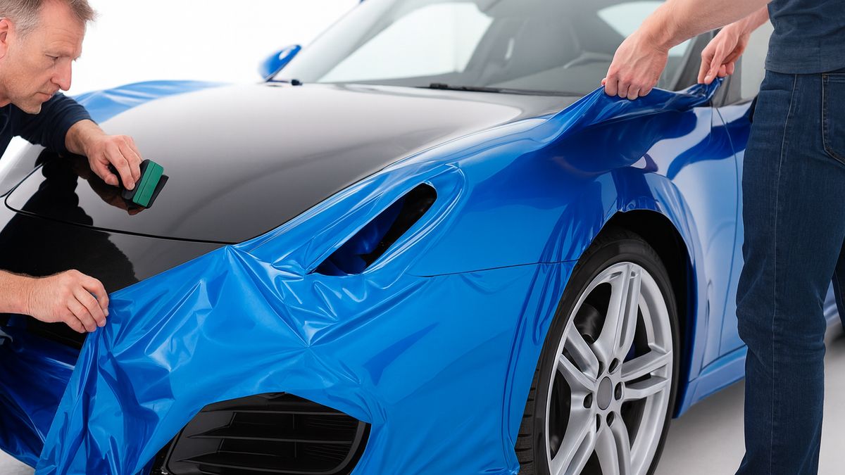 Car getting vinyl wrap applied