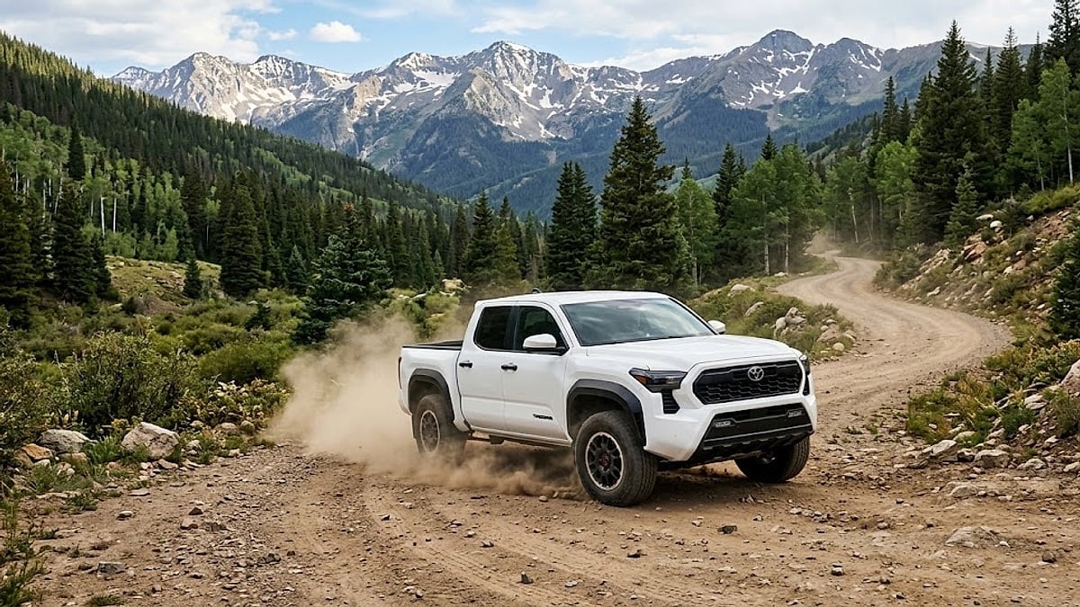 White 2024 Toyota Tacoma midsize truck with hood open in modern franchise dealership service bay for factory maintenance