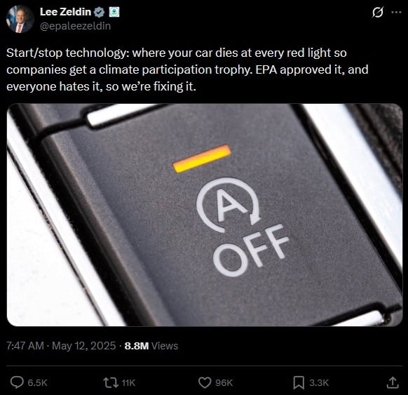 X post by Lee Zeldin on auto Stop-Start