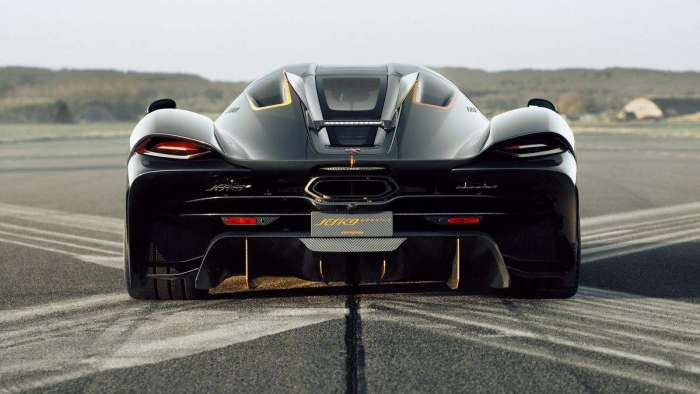 Rear view of the Koenigsegg Jesko Absolut showing the twin stability fins in place of the normal Jesko's huge fixed rear wing.