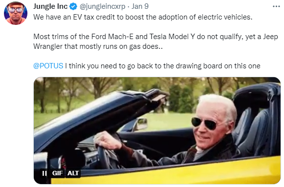 Image of President Biden in a gasoline-powered car courtesy of Twitter and Jungle Inc.