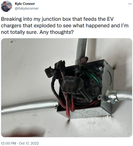 Image of tweet by Kyle Conner melted EV charger