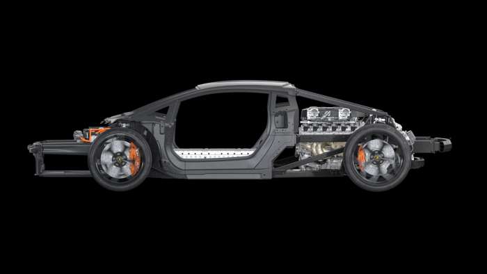 Side view of the Lamborghini LB744 chassis showing its mid-engined layout.