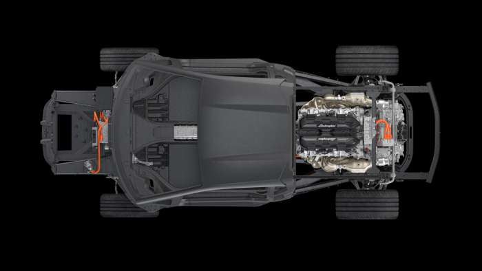 Top-down render of the Lamborghini LB744 chassis showing the placement of its enormous V12 hybrid engine.