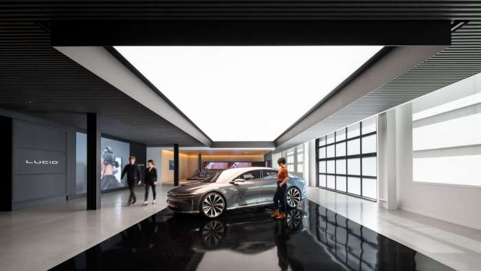 Image showing a gray Lucid Air parked in Lucid's minimalist headquarters.
