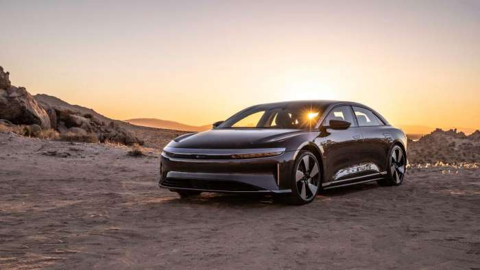 Image of the Lucid Air Grand Touring Performance parked in the desert at sunset.