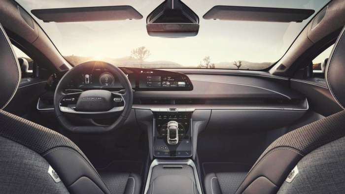 Interior view of the Lucid Air showing its panoramic glass roof.
