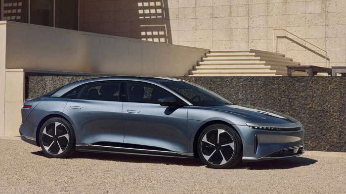 Image of a light blue Lucid Air Pure seen from the side with 5-spoke 19&quot; wheels.