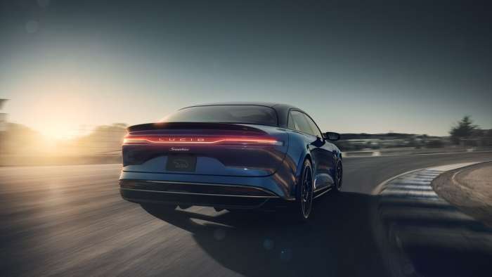 Rear view of the new Lucid Air Sapphire goes through as it goes through a corner at Laguna Seca.