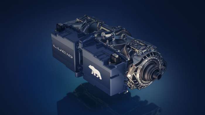 Image showing the twin-motor rear axle module from the new Lucid Air Sapphire with blue casing, Lucid logo and California bear image.