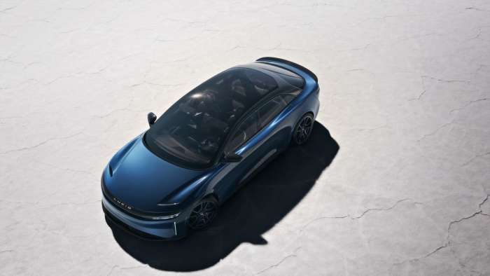 Top view of the Lucid Air Sapphire showing its blue paint and blacked-out trim as part of the Stealth Look package.