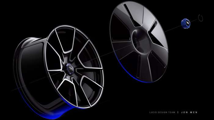Image showing the design of the Lucid Air Sapphire's wheels with carbon fiber aero disc and locking nut.