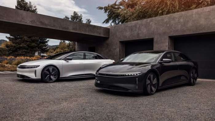 Image of the Stealth Look Lucid Air Grand Touring in black and white paint.