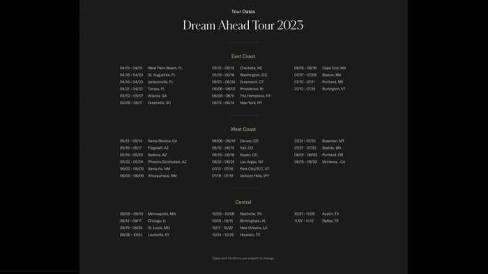 Image showing the schedule for Lucid's Dream Ahead tour which will visit over 40 cities in seven months.