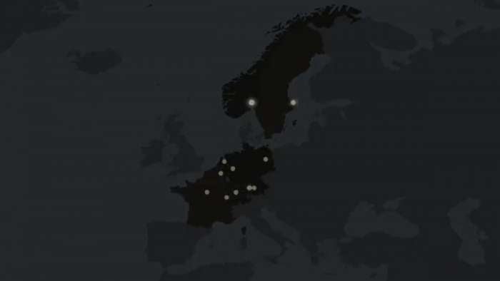 Darkened map of Europe with points of light representing the locations of Lucid's first European facilities.