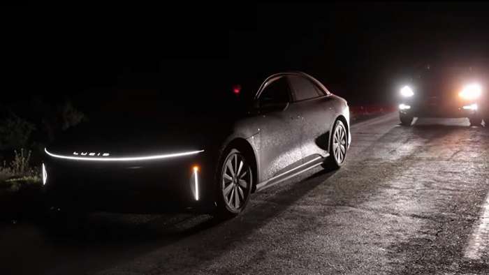 The record-breaking Lucid Air sits at the side of the road in the dark having finally run out of battery.