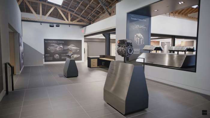 Images showing the interior of Lucid's flagship Beverly Hills Studio, with examples of motors and batteries in cars.