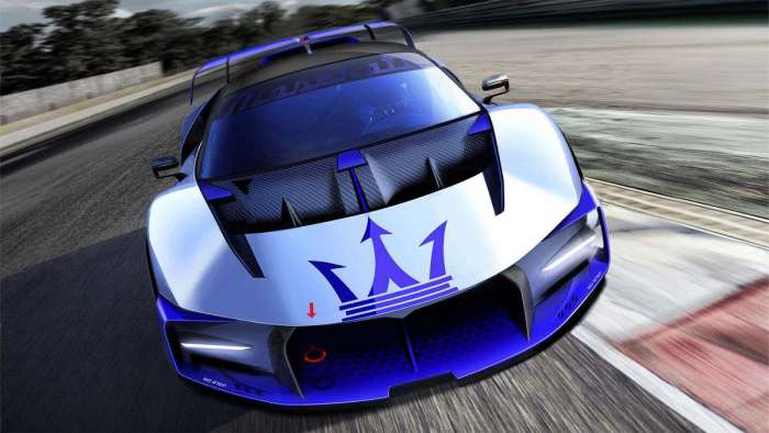 Front view of Maserati's Project24 track car showing its angry new racing face.