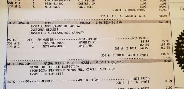 Image of Mazda invoice for service work by John Goreham