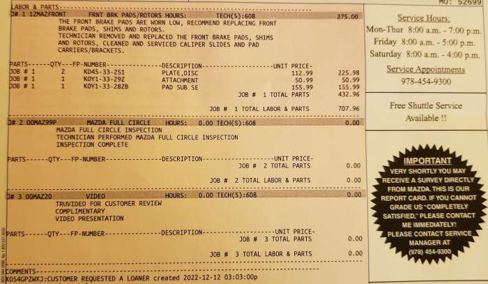 Brake job invoice image by John Goreham