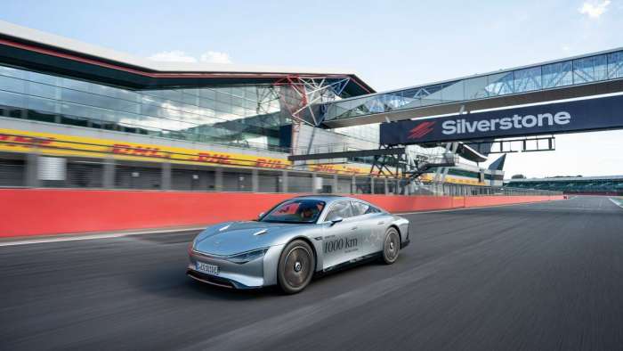 Image of the Mercedes Vision EQXX on track at Silverstone after completing a 750-mile drive from Stuttgart on a single charge.