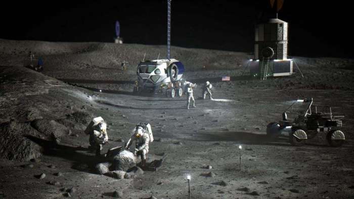 Artist's rendering showing astronauts performing tasks on the surface of the Moon.