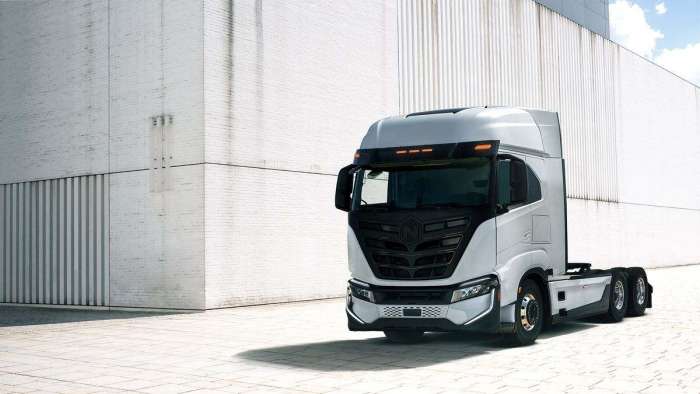 Image showing a front three-quarter view of the Nikola Tre, which recently entered production.