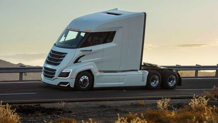 Image showing a Nikola Two semi-truck with sleeper cab, powered by a hydrogen fuel cell powertrain.