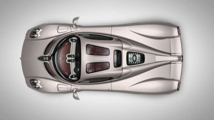 Top-down view of the Pagani Utopia showing its teardrop shaped cabin and curving rear arches.