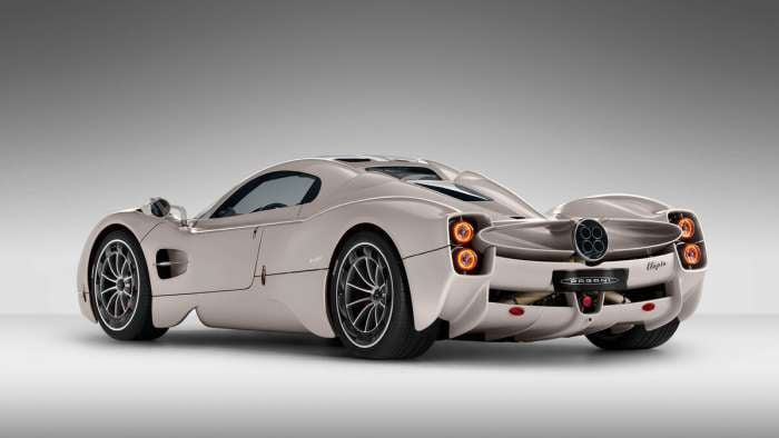 Rear view of the new Pagani Utopia showing its trademark quad-exit exhaust system.