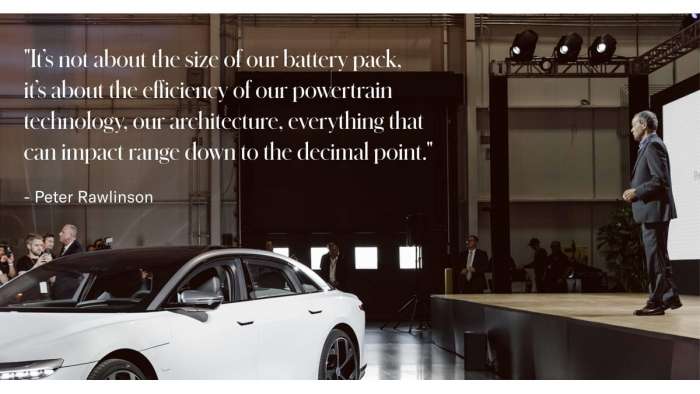CEO Peter Rawlinson discusses the importance of efficiency in electric vehicles during a Lucid Motors event.