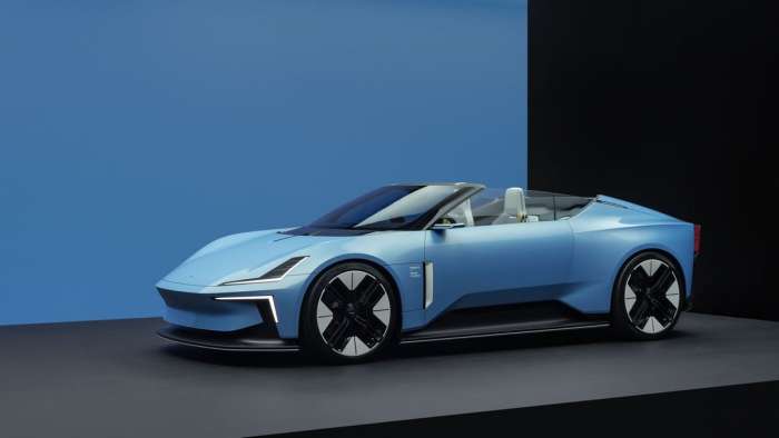 Image of the Polestar 6 EV convertible in sky blue.