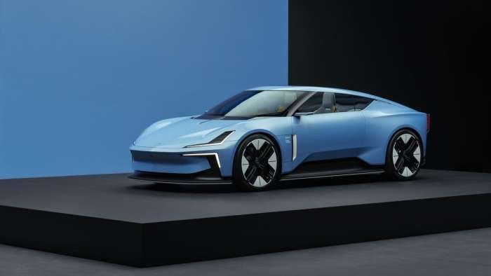 Image of the Polestar 6 with its roof up showing its curving design.