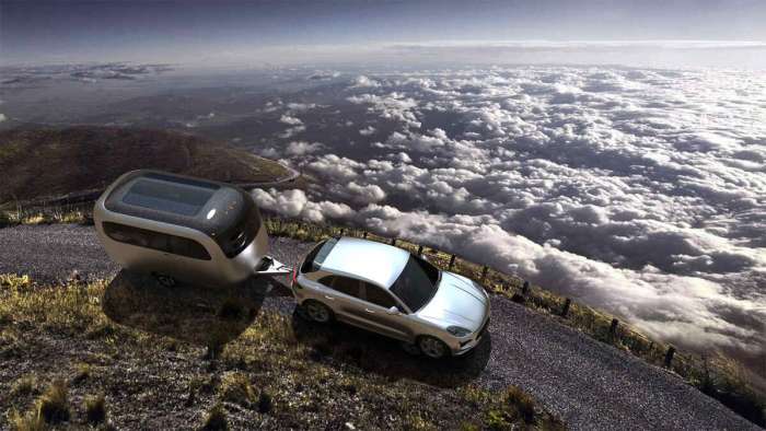 Render of a Porsche Macan towing the Porsche Airstream Trailer on a mountain road high above the clouds.